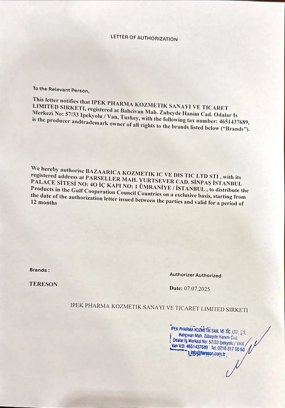 Tereson — Certified Distribution License — 1/2