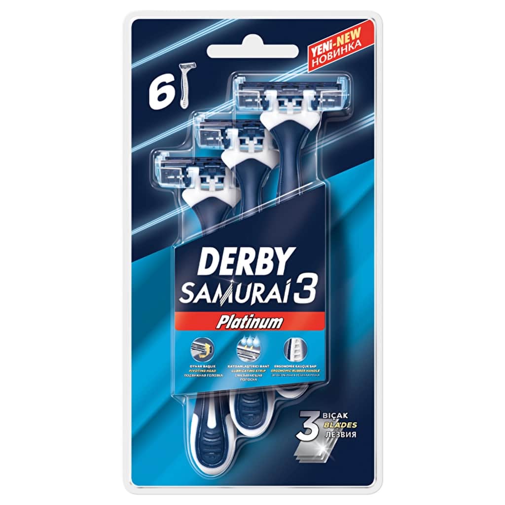 Derby شفرات حلاقة ديربي ساموراي 3 بلاتينيوم، 6 قطع - 1