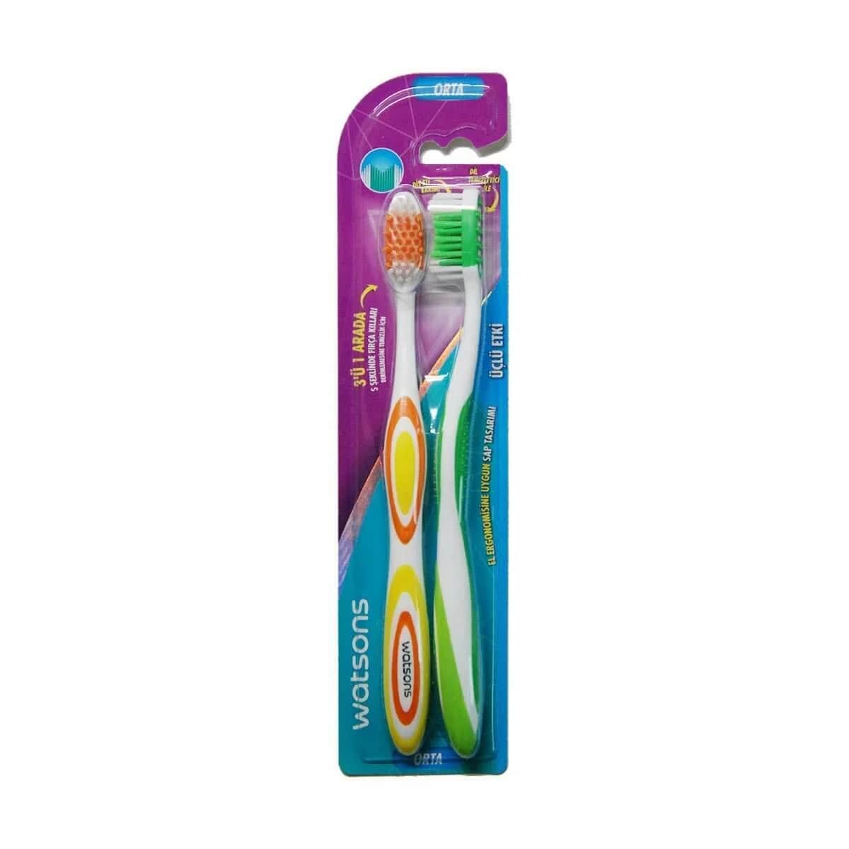 Watsons فرشاة أسنان واتسونز ٣ في ١ متوسطة الحجم، قطعتان