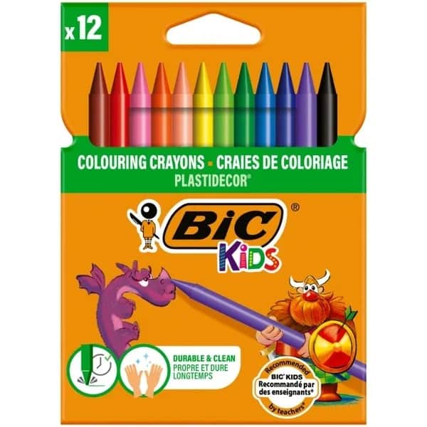 Bic أقلام تلوين باستيل للأطفال غير قابلة للتلطيخ من بيك ١٢ لونًا متينًا