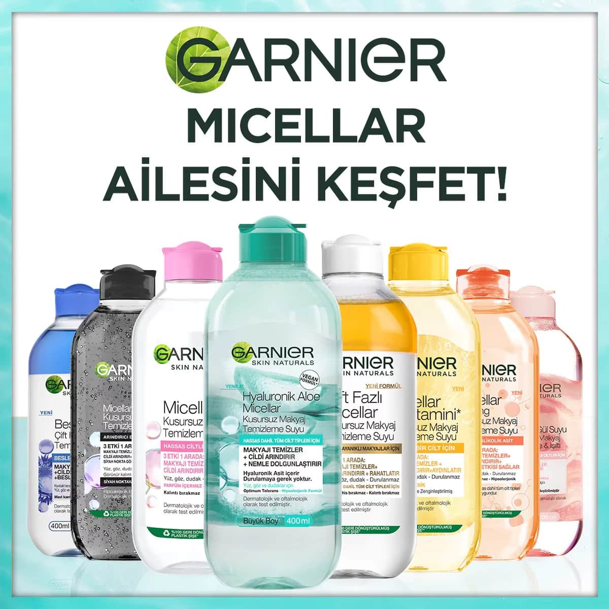 Garnier غارنييه هيرالورونيك ماء ميسيلار لإزالة المكياج بخلاصة الصبار 400 مل