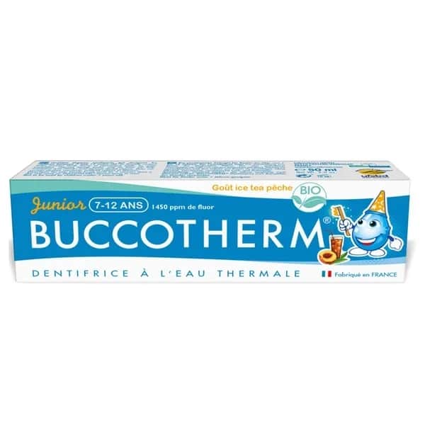 Bucco Therm معجون أسنان بوكوثيرم جونيور بنكهة شاي الخوخ المثلج للأطفال من عمر 7 إلى 12 سنة فما فوق، 50 مل