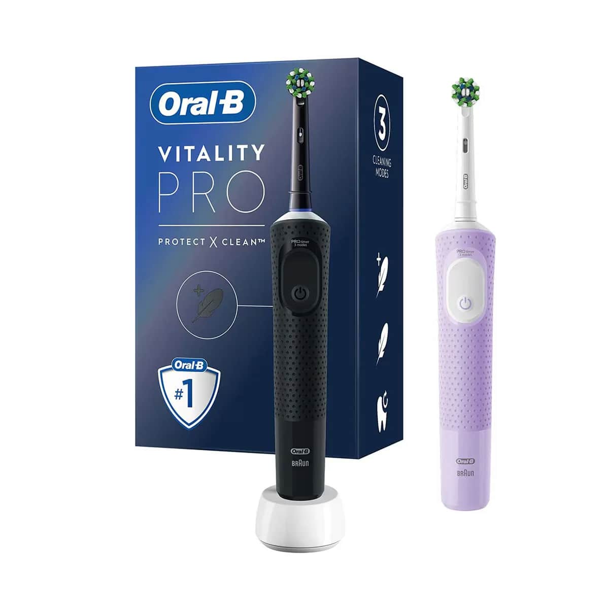 Oral-B فرشاة أسنان أورال-بي فيتاليتي برو الكهربائية/القابلة لإعادة الشحن، عبوة من قطعتين باللونين الأسود والأرجواني