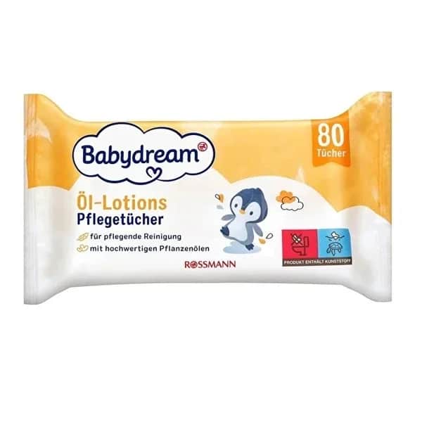 Babydream مناديل بيبي دريم المبللة للأطفال، زيتية ولوشن، زيت عشبي ومستخلص إكليل الجبل، 80 منديلًا