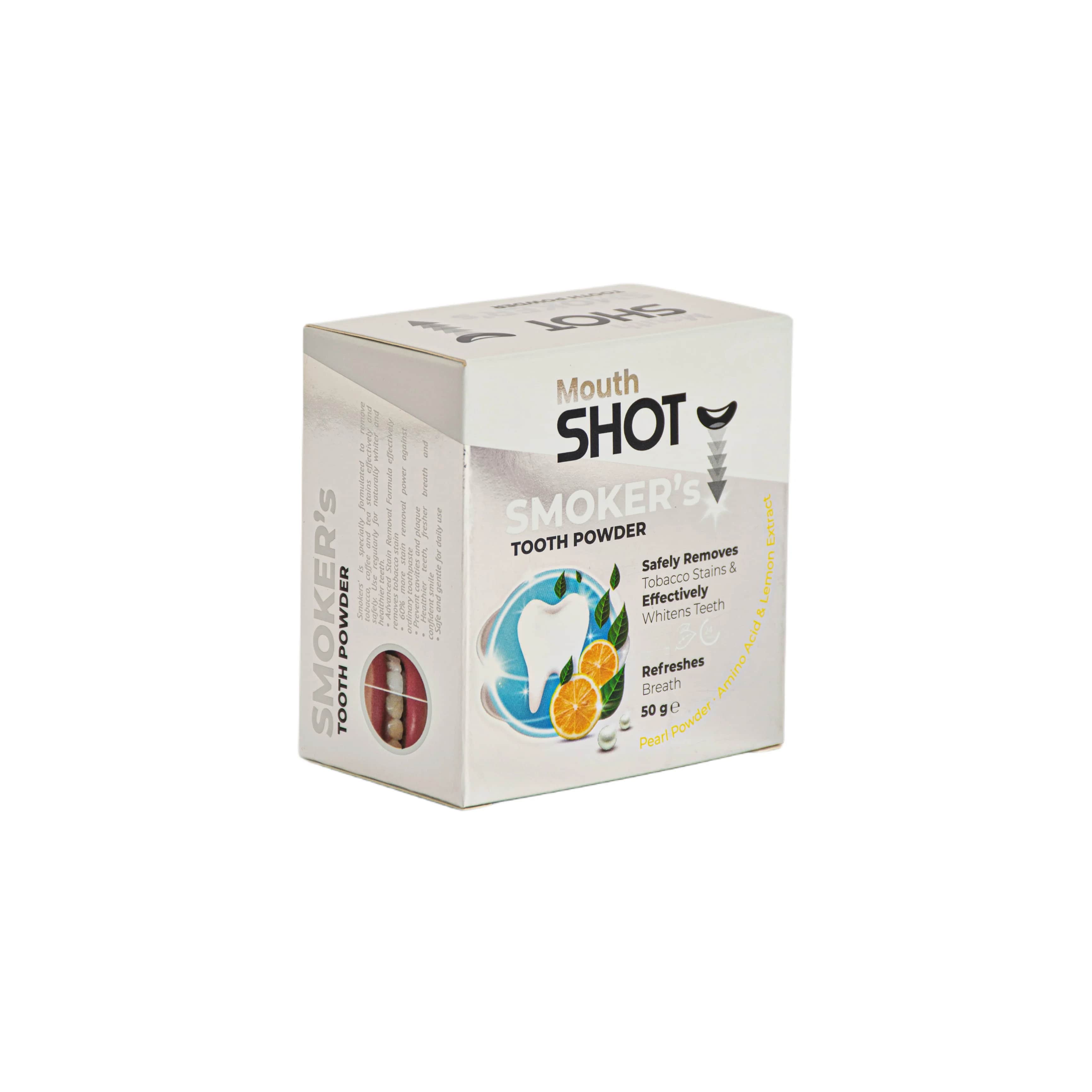 Mouth SHOT بودرة تبييض الأسنان للمدخنين ماوث شوت – بخلاصة الليمون واللؤلؤ من شوت 50 جرام
