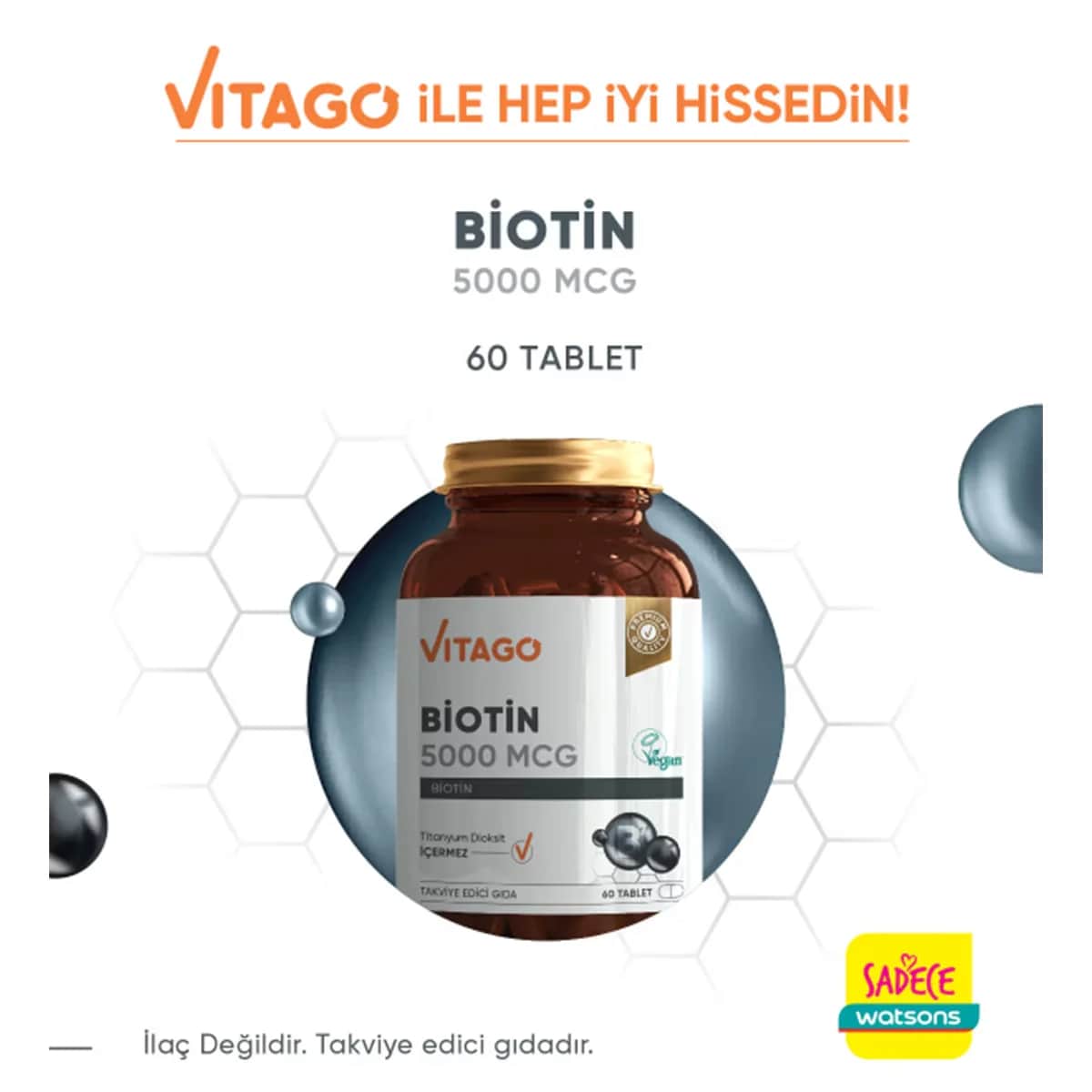 Vitago أقراص فيتاجو بيوتين ٥٠٠٠ ميكروغرام، مكمل غذائي، ٦٠ قرصًا