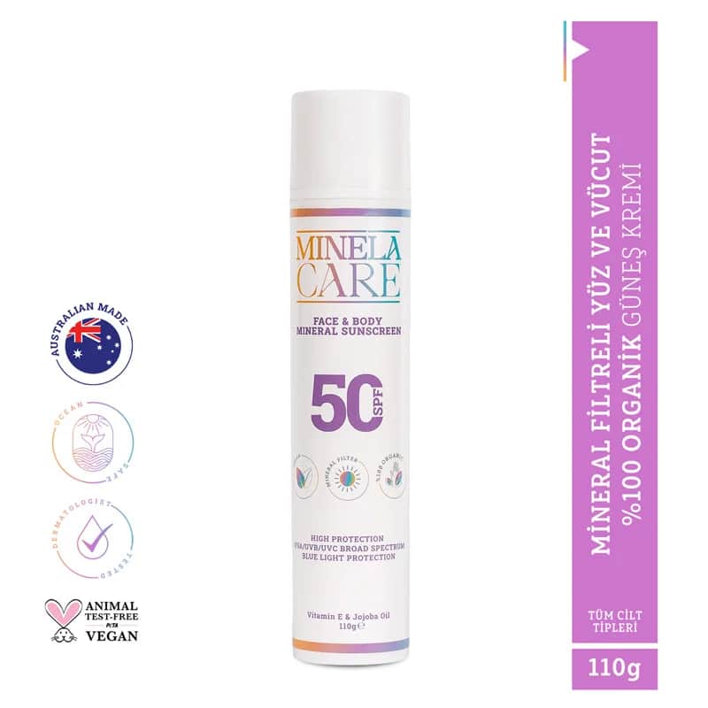 Minela Care كريم مينيلا كير العضوي المعدني بعامل حماية من الشمس 50+ للوجه والجسم 110 جرام