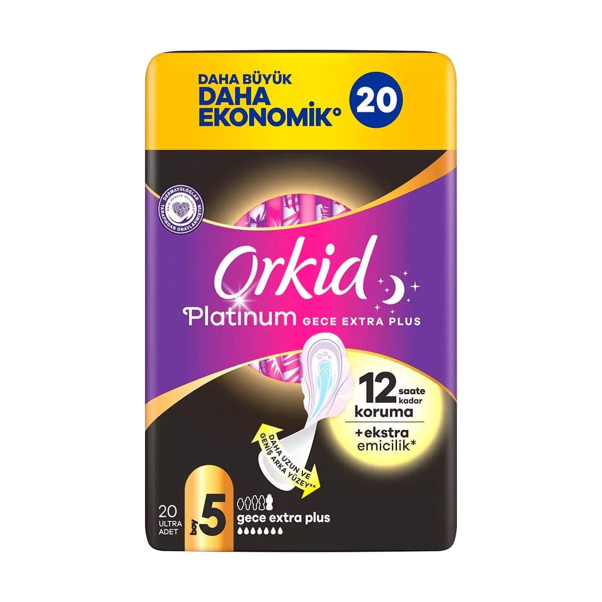 Orkid فوط أوركيد بلاتينيوم نايت إكسترا بلس الصحية (مقاس 5) 20 قطعة