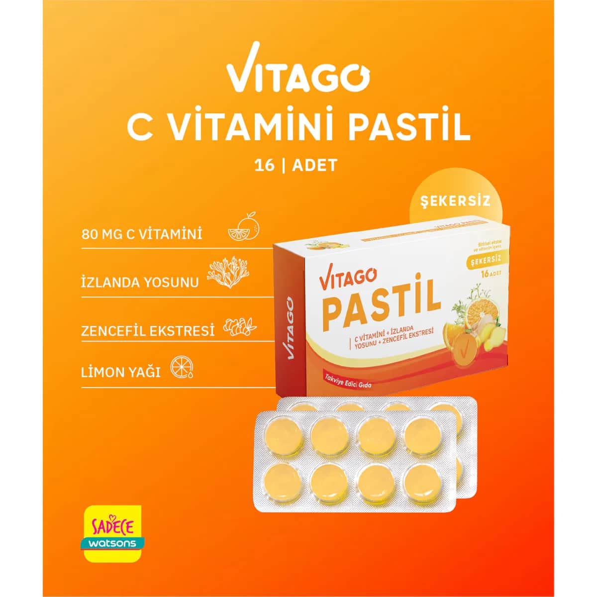 Vitago Vitamin C Pastillen mit Ingwer &amp; Isländischem Moos 16er-Pack