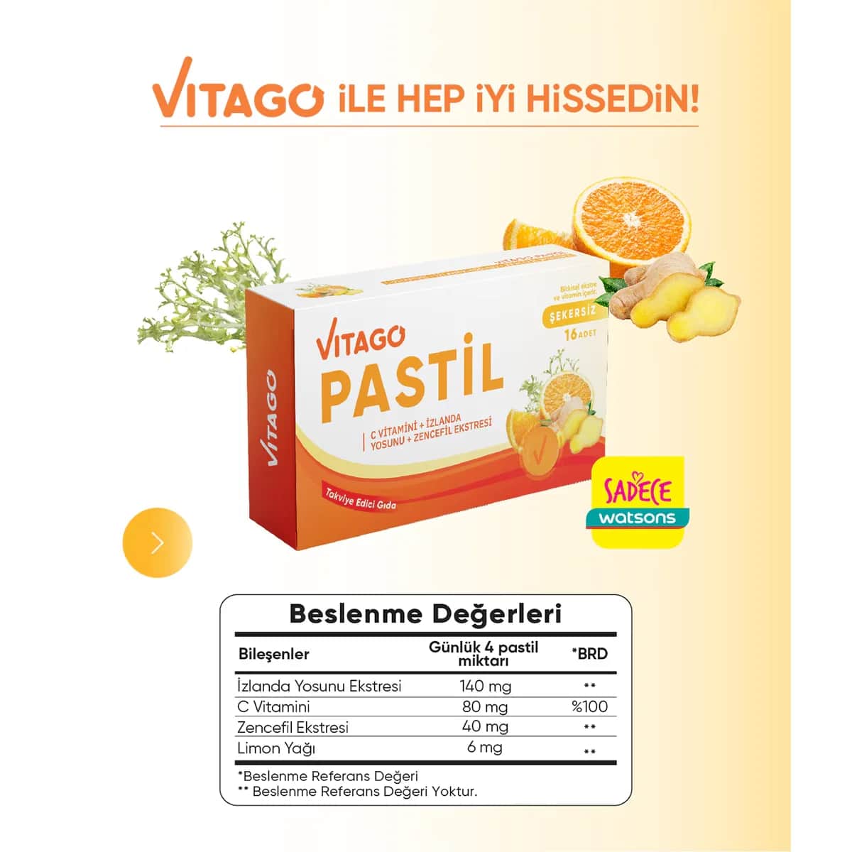 Vitago Vitamin C Pastillen mit Ingwer &amp; Isländischem Moos 16er-Pack