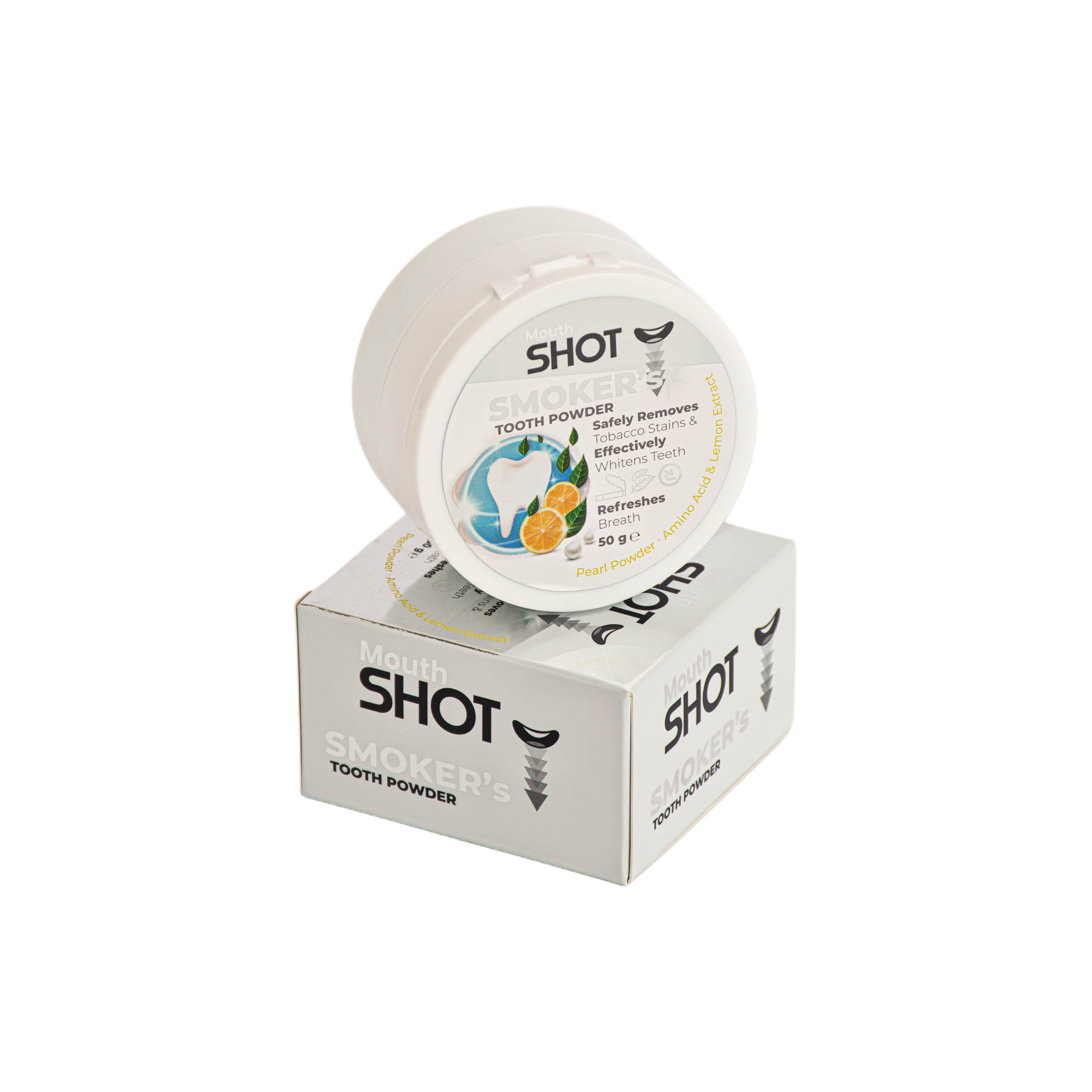 Whitening-Zahnpuder für Raucher mit Zitrone &amp; Perlenextrakt von Mouth Shot – 50 g
