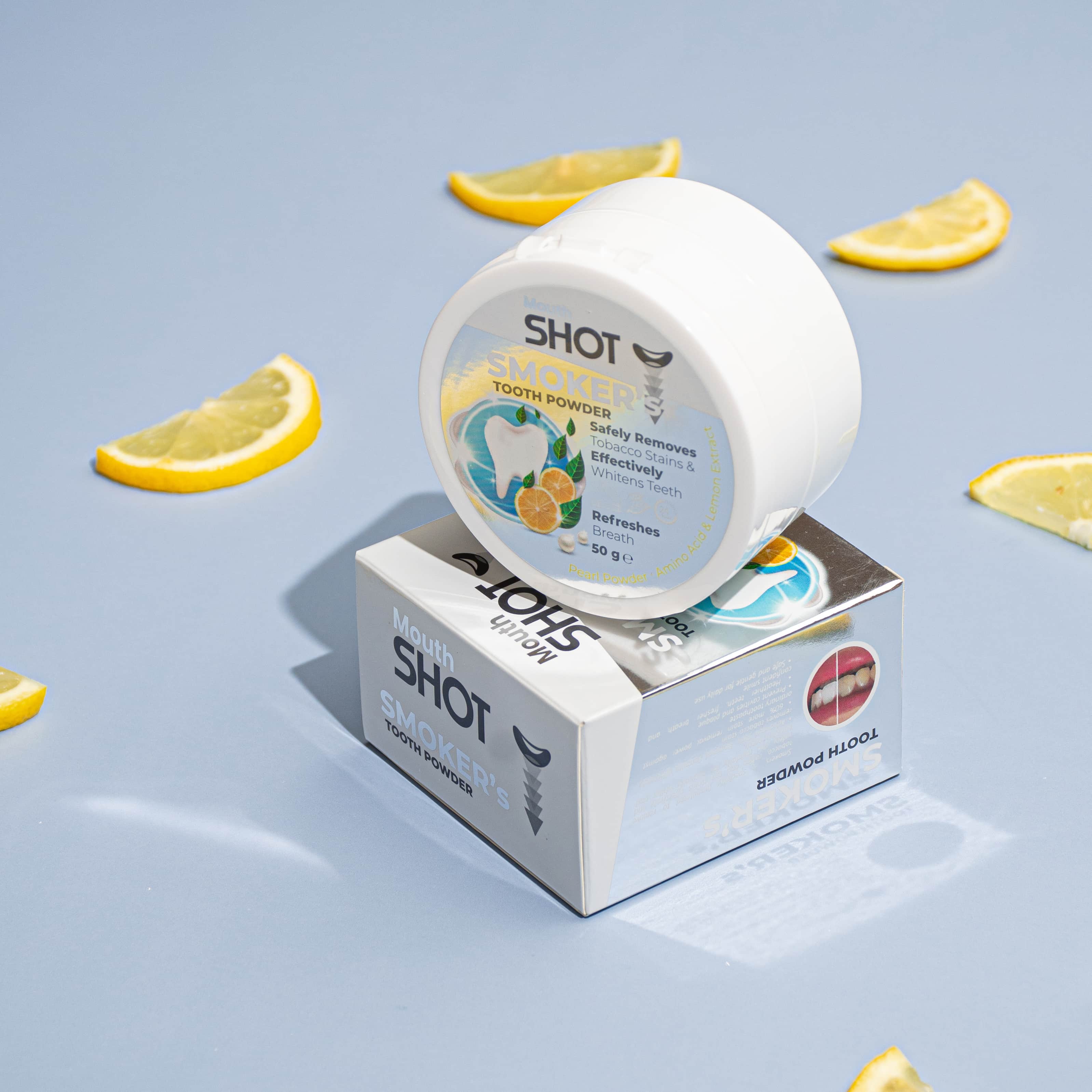 Whitening-Zahnpuder für Raucher mit Zitrone &amp; Perlenextrakt von Mouth Shot – 50 g