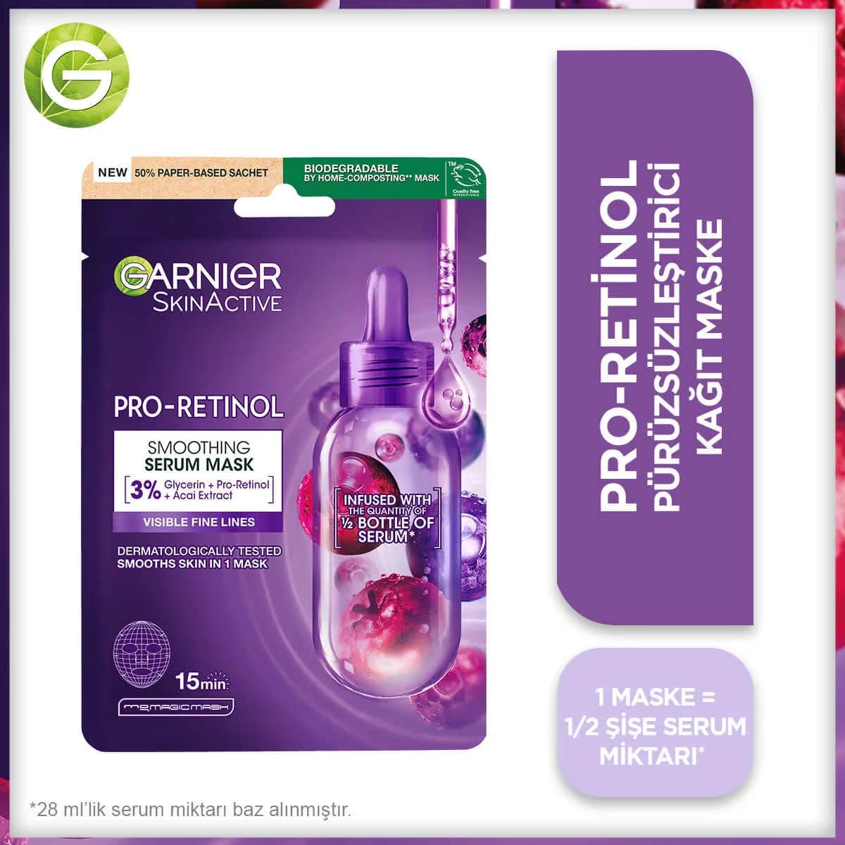 Garnier Pro-Retinol Tuchmaske mit Glycerin und Açaí-Extrakt