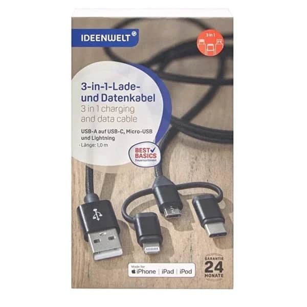 Ideenwelt 1m Nylon Datenübertragungs- und Ladekabel - USB-A, USB-C, Lightning