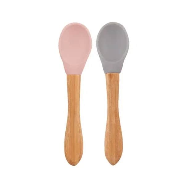 OiOi Bambusgriff Baby-Löffel für 9 Monate+ - Rosa &amp; Grau