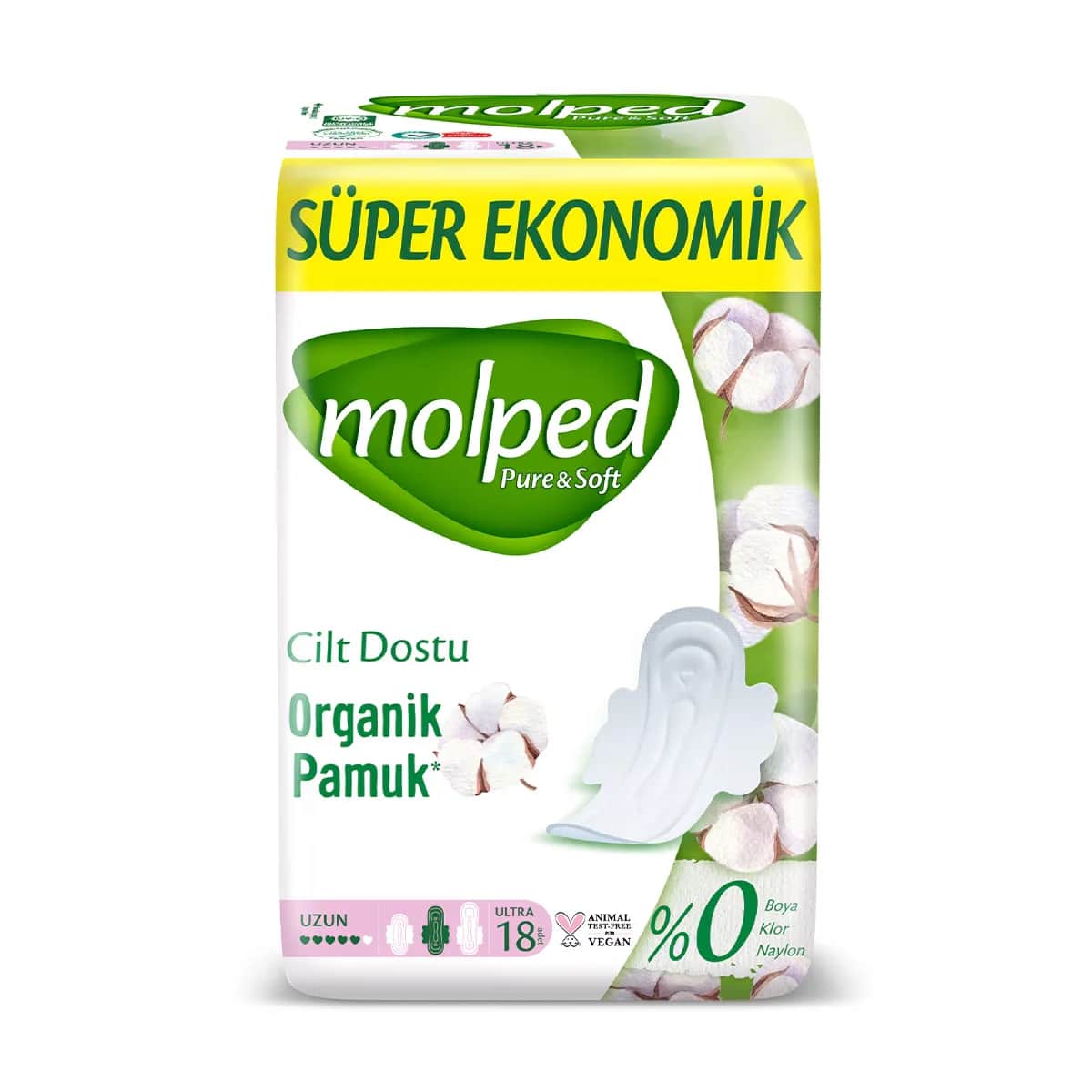 Molped Pure &amp; Soft Bio-Baumwolle Lange Damenbinden - 18 Stück