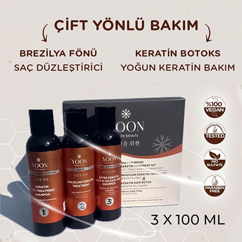 Yoon Brazilian Blow Dry Hair Straightening & Keratin Botox Strengthening And Nourishing Home Keratin Care Set (3 x 100 ml) - 1
