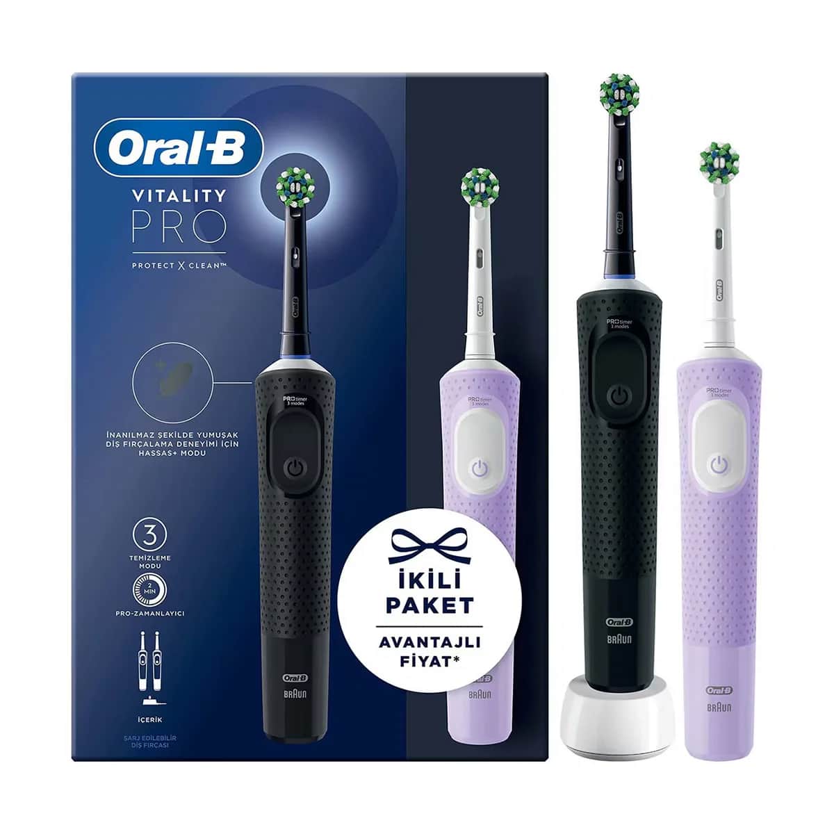 Oral-b Rechargeable/electric Toothbrush Vitality Pro 2-pack Black&amp;lilac Advantage Pack