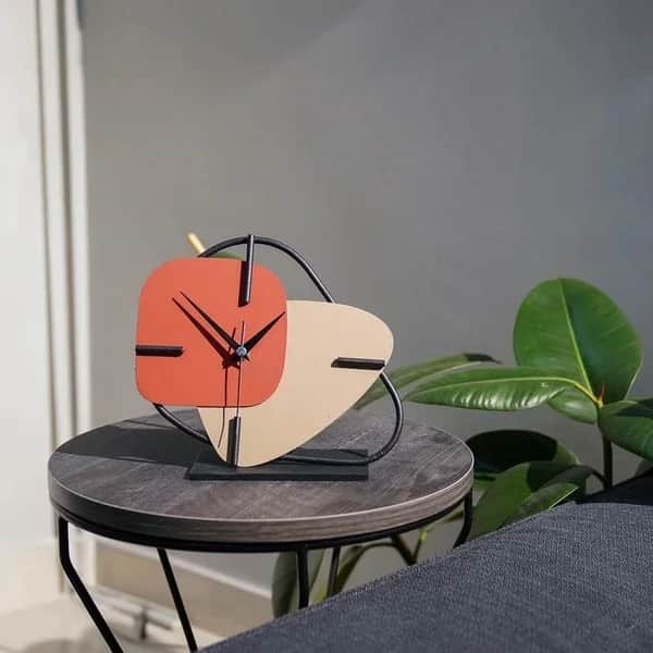 Muyika Cream &amp; Brown Metal Table Clock - 25x22 cm, Silent Mechanism