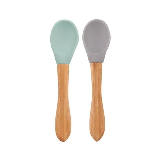 Oioi Bamboo Handle Baby Feeding Spoon 9 Months+ Aqua Green - Grey
