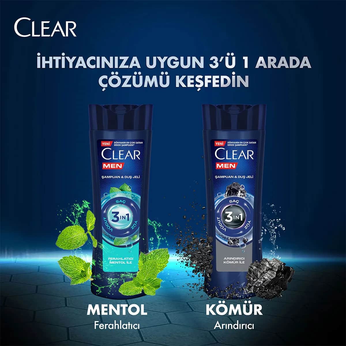 Clear Men 3 in 1 Shampoo &amp; Shower Gel A Purifying Charcoal For Hair Face Body 350 ml