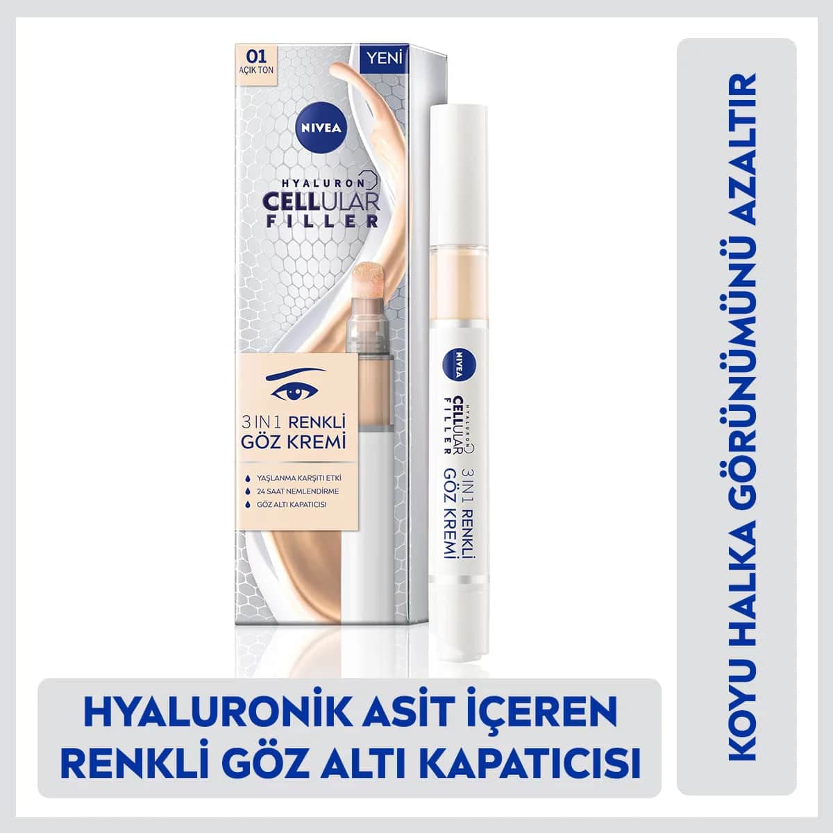 Крем для ухода за кожей вокруг глаз Nivea для маскировки темных кругов с гиалуроном, 15 мл, светлый тон