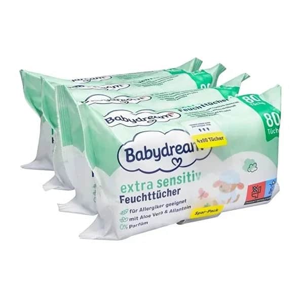 Влажные салфетки Babydream для очень чувствительной кожи с алоэ вера 4x80 шт