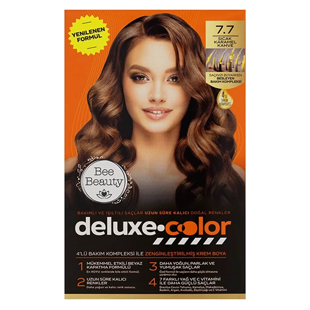 Краска для волос Bee Beauty Deluxe 7.7 Теплый карамельный коричневый - 4-ухкомпонентный комплекс