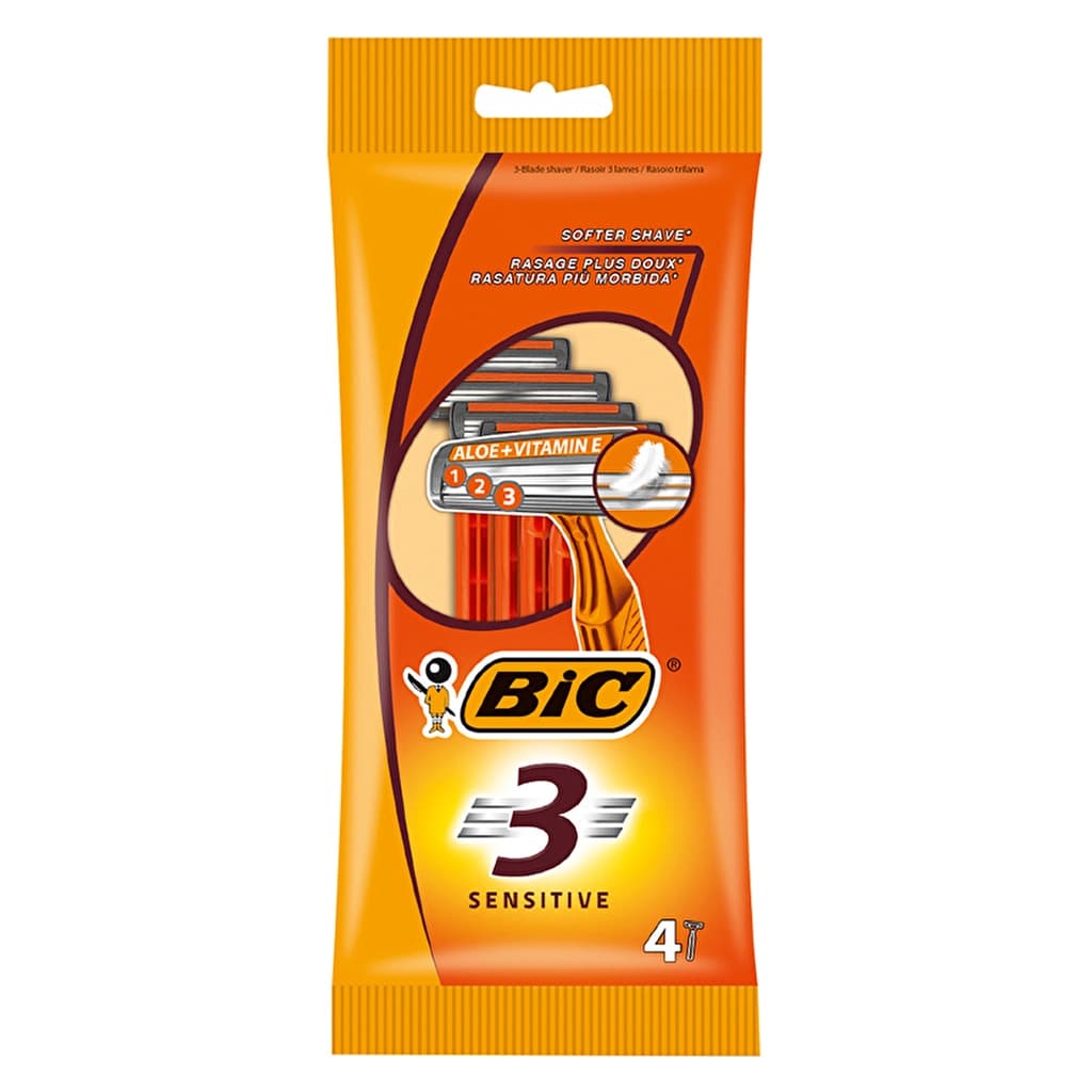 Bic مجموعة شفرات حلاقة بيك 3 للبشرة الحساسة، مكونة من 4 قطع خلاصة الصبار وفيتامين هـ، قبضة مريحة
