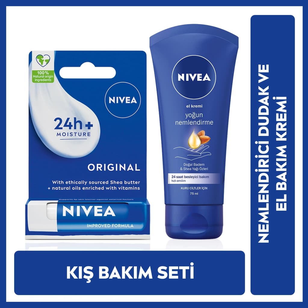 NIVEA مجموعة نيفيا للعناية بالشفاه الأصلية 4.8 جرام وكريم العناية باليدين المرطب المكثف 4.8 جرام + 75 مل