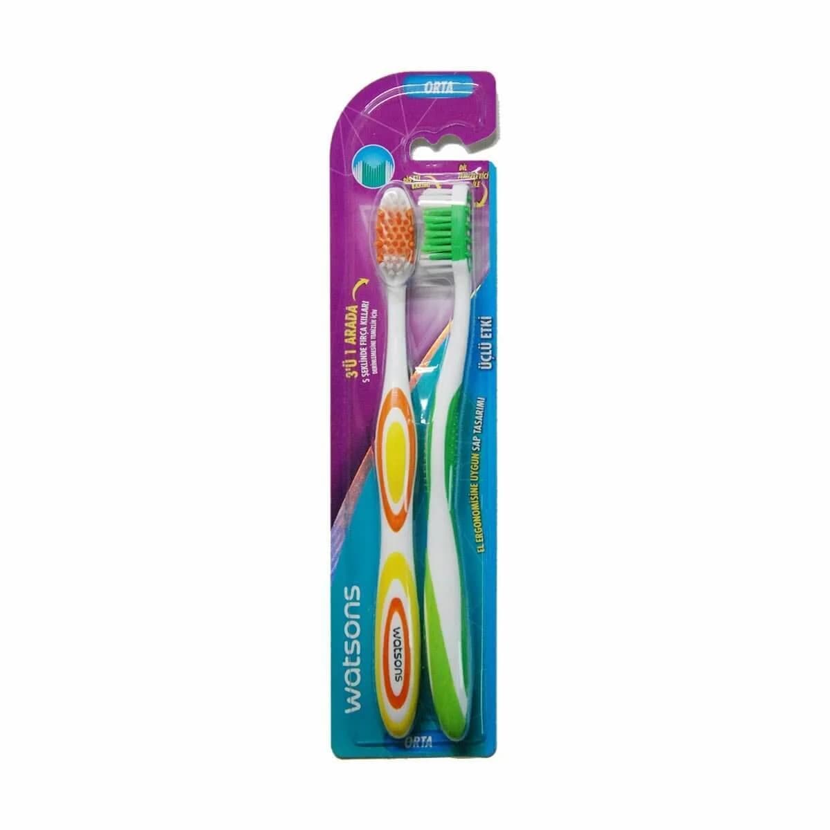 Watsons فرشاة أسنان واتسونز ٣ في ١ متوسطة الحجم، قطعتان