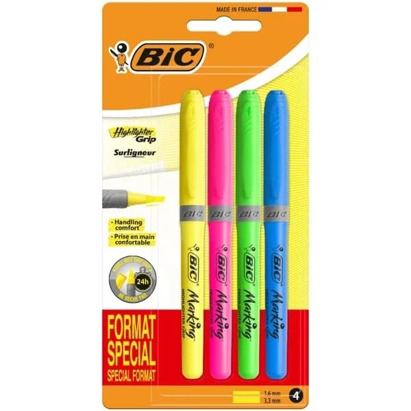 Bic مجموعة أقلام تحديد العيون برايت لاينر جريب من بيك، 4 قطع ألوان زاهية وراحة فائقة