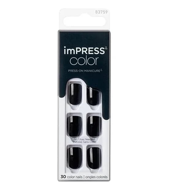 Impress أظافر صناعية لاصقة ذاتية اللصق من إمبريس كولور قصيرة باللون الأسود بالكامل، قطعة واحدة