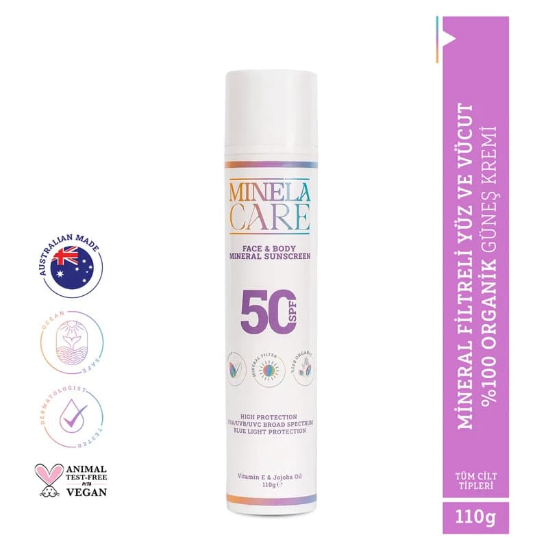 Minela Care كريم مينيلا كير العضوي المعدني بعامل حماية من الشمس 50+ للوجه والجسم 110 جرام