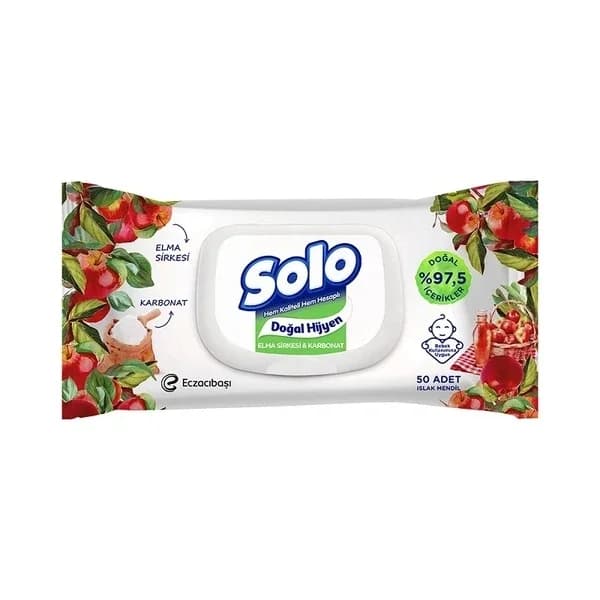Solo مناديل مبللة سولو الطبيعية للنظافة بخل التفاح وصودا الخبز 50 قطعة