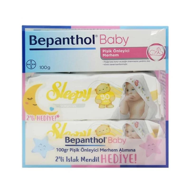 Bepanthol مرهم بيبانثول للأطفال مضاد للطفح الجلدي 100 جرام + 2 عبوة من مناشف مبللة للأطفال الحساسة من 90 قطعة هدية