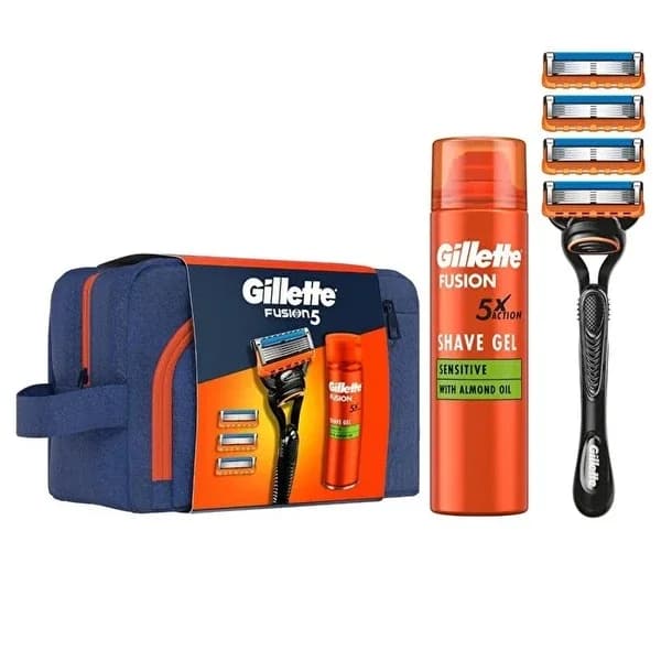 Gillette مجموعة ماكينة الحلاقة جيليت فيوجن 5 للرجال مع جل وحقيبة سفر