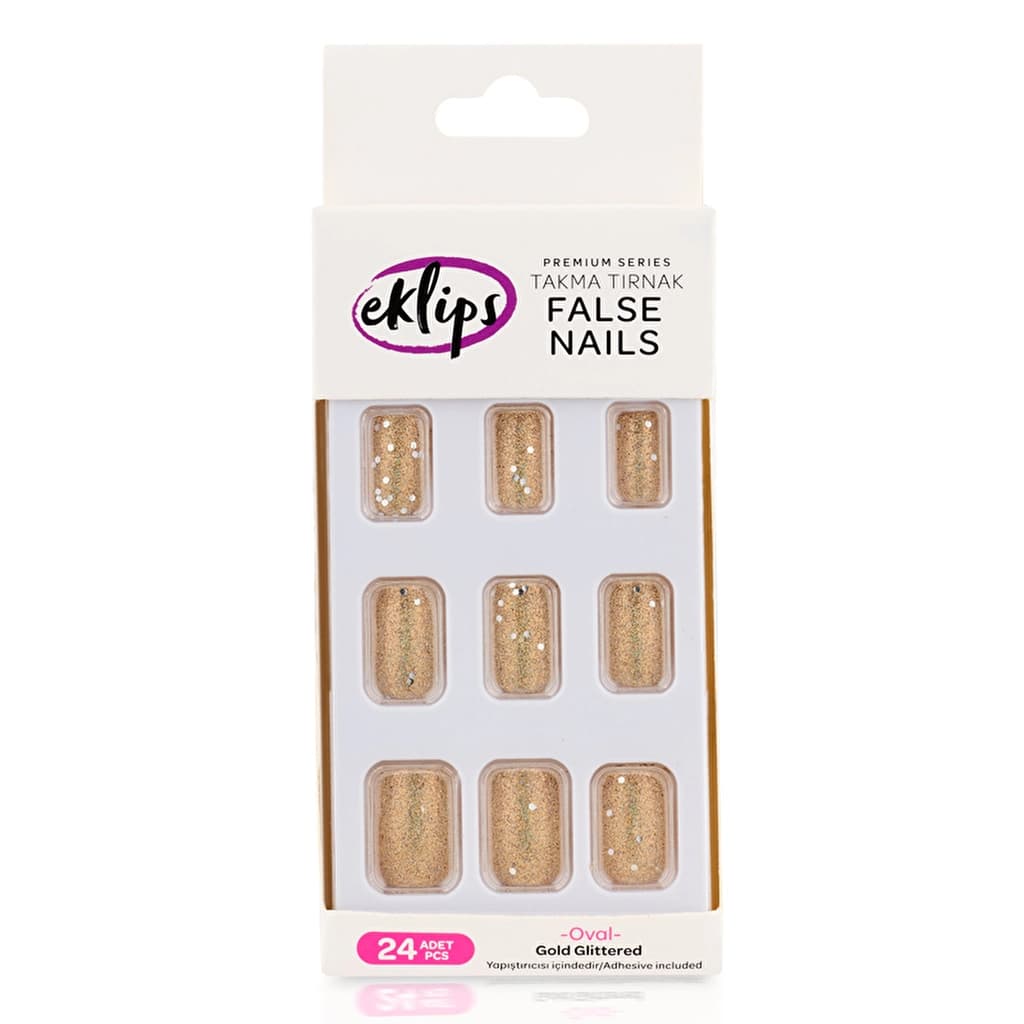 Eklips Gold Glitter Oval False Nails - 24 Pack for Elegant Style