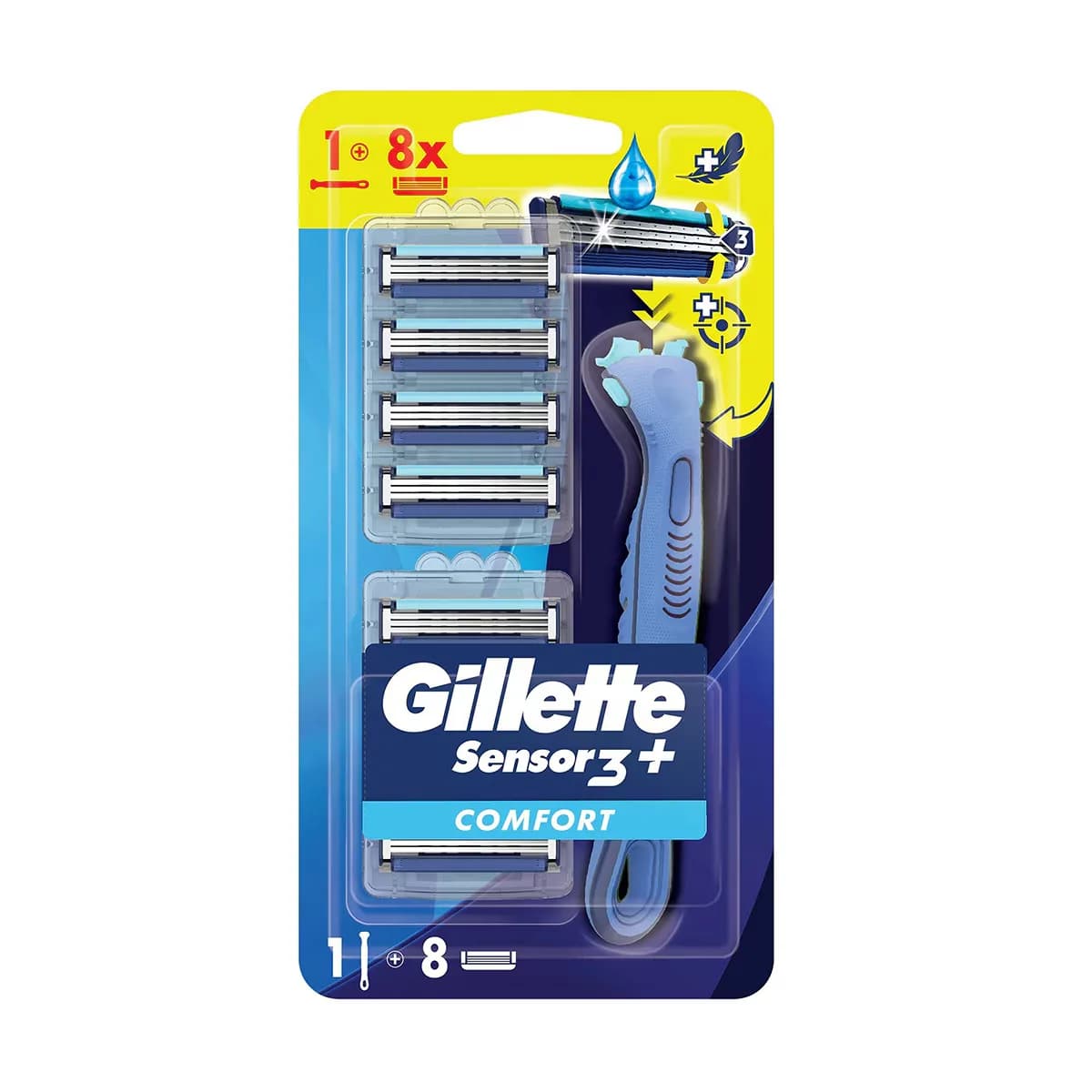 Gillette ماكينة حلاقة جيليت سينسور 3+ كومفورت 8 قطع برأس شفرة احتياطية