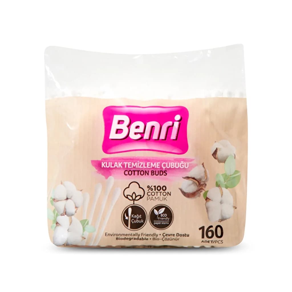 Benri Biologisch abbaubare Baumwoll-Ohrstäbchen - 160 Stück