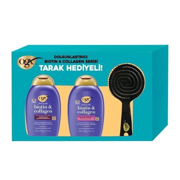 OGX Biotin & Kollagen Haarpflege Set + Kamm für Volumen 385ml