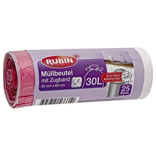 Rubin 30L Müllbeutel mit Schnur - 25 Stück, Geruchskontrolle PE