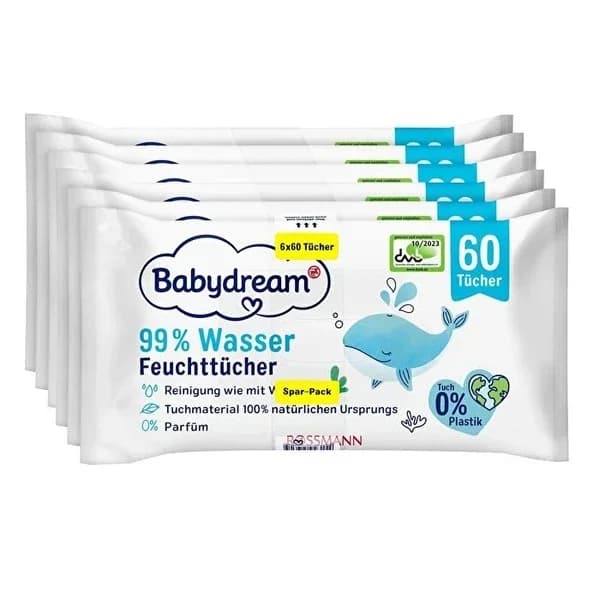 Babydream 6x60 Vegane Babyfeuchttücher - 99% Wasser, pH-freundlich