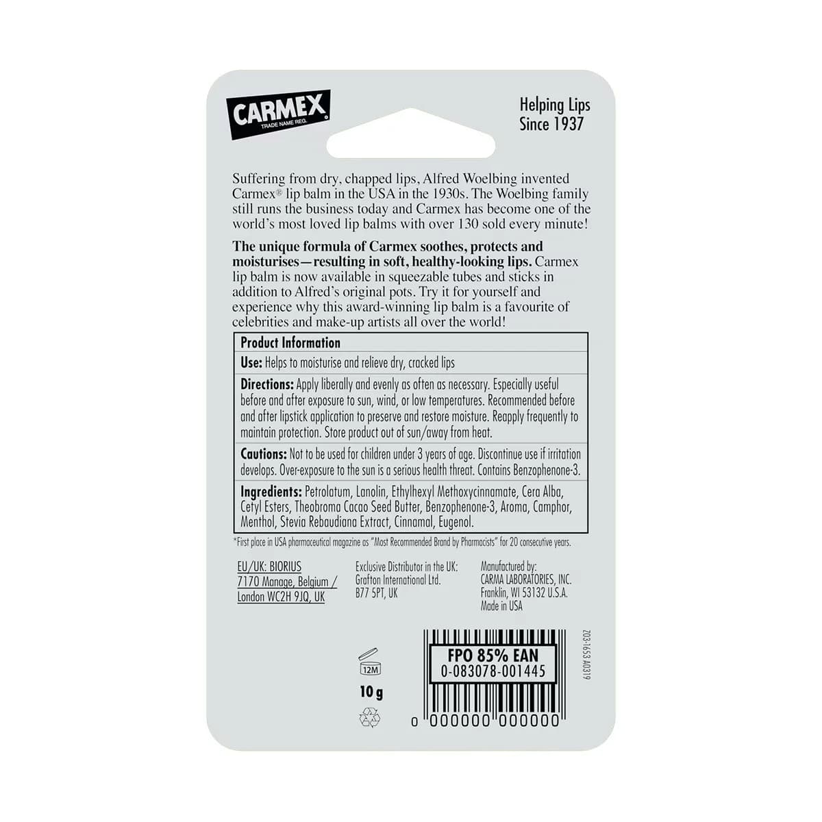 Carmex Kirsch Lippenbalsam 10g - SPF 15, Hydratisiert & Schützt die Lippen