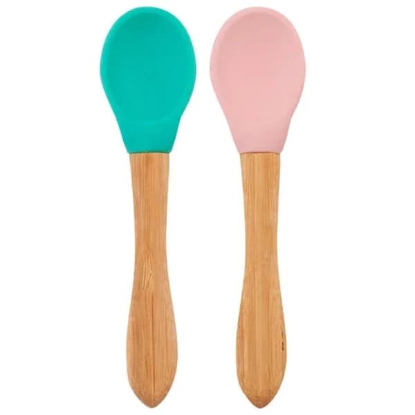 OiOi umweltfreundliches Bambus-Babylöffel-Set 9 Monate+ grün-rosa
