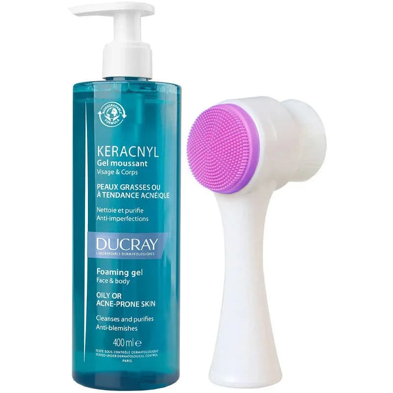 Гель для умывания Ducray Keracnyl для жирной кожи 400 мл + щетка для очищения кожи в подарок