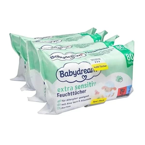Влажные салфетки Babydream для очень чувствительной кожи с алоэ вера 4x80 шт