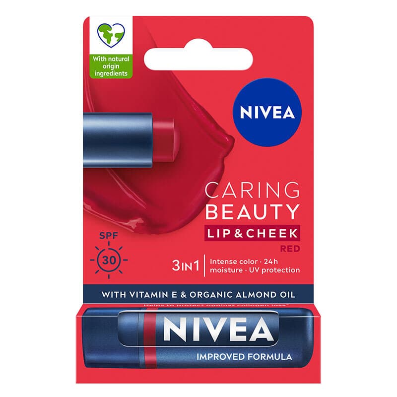 NIVEA مرطب الشفاه والخدود الملون من نيفيا كارينغ بيوتي بعامل حماية من الشمس 30، أحمر 4.8 غرام