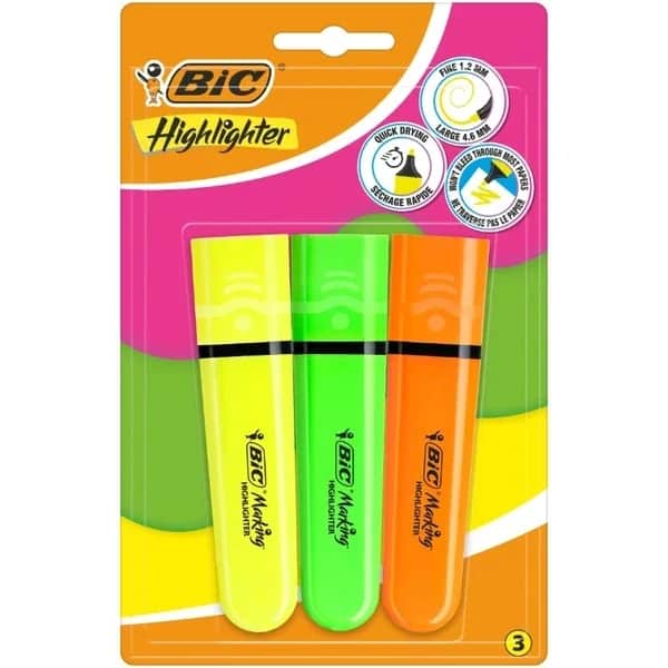Bic مجموعة أقلام تمييز مسطحة من بيك، نيون، مكونة من 3 قطع حبر سريع الجفاف، مقاوم للبقع