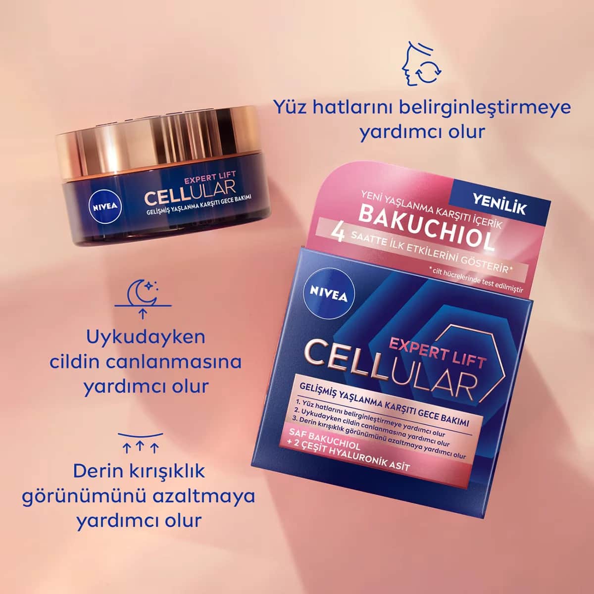 NIVEA كريم نيفيا سيلولار إكسبيرت ليفت الليلي البديل للريتينول الطبيعي مع الباكوتشيول النقي وحمض الهيالورونيك كريم الوجه الليلي 50 مل